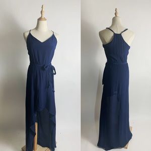 WAYF Navy High/Low Midi Dress Detachable Tie XS